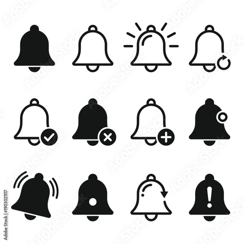 Set of notification bell icons in modern line style for alerts and reminders