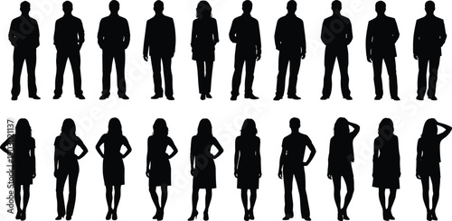 Business people silhouette collection showing men and women standing poses, professional teamwork, corporate identity, leadership, and diversity isolated on white background