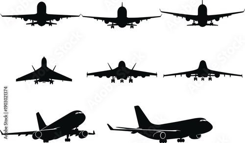 Collection of commercial airplane silhouettes featuring front and angled views of passenger jets in flight and landing, isolated vector set for aviation and travel design.