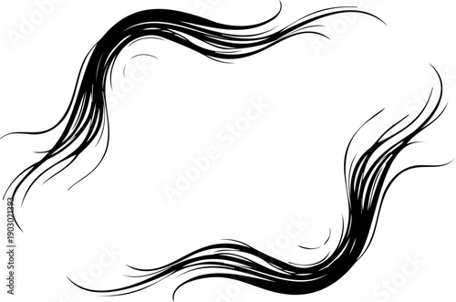 A minimalist vector graphic of flowing black hair strands on a white background