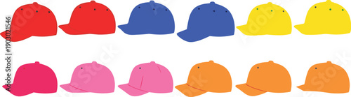 Colorful baseball cap icon set in flat vector style showing multiple bright hat designs for fashion branding, apparel graphics, UI, and print projects