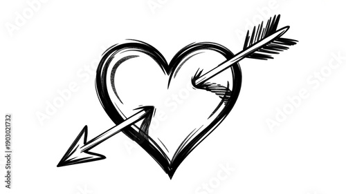 A heart pierced by an arrow symbolizing love and passion in a simple line drawing