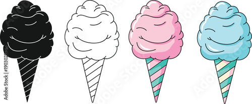 Cotton candy ice cream cone icon set in black, outline, and pastel colors isolated on white background for dessert, carnival, and sweet food design