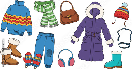 Cute cartoon winter clothing collection with jacket sweater scarf boots hat gloves bag earmuffs illustration, seasonal fashion design set