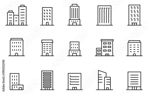 ビル・建物・住宅・不動産・会社・オフィスの編集可能な賞ライン線画アイコン