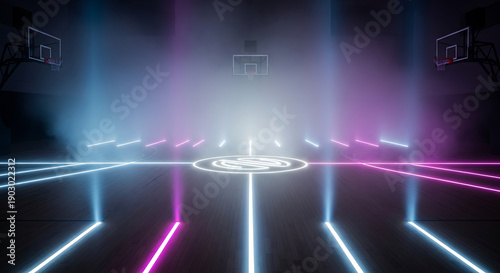 march madness, Neon Basketball Court Empty Arena Cyberpunk Style