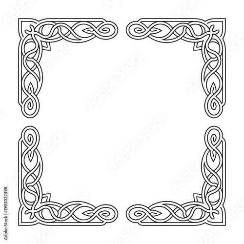 A black vector illustration of four intricate celtic knotwork corners forming an ornate square frame