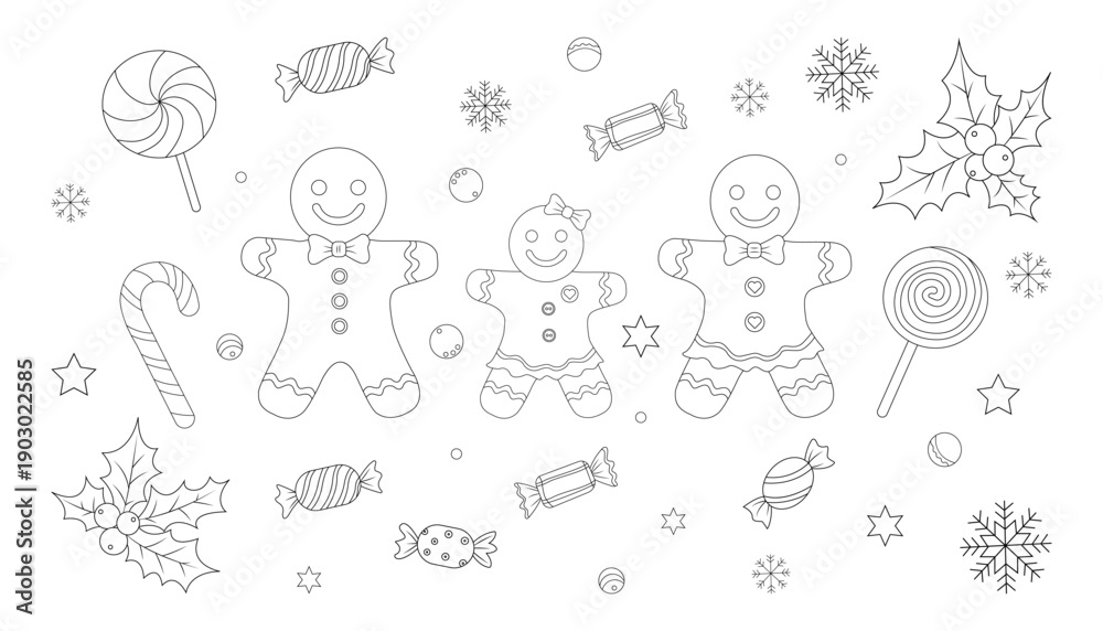 Fototapeta premium Black and white line illustration featuring cute gingerbread man and woman cookies, surrounded by Christmas candies, sweets, lollipops, candy canes, snowflakes, stars, and holly leaves.