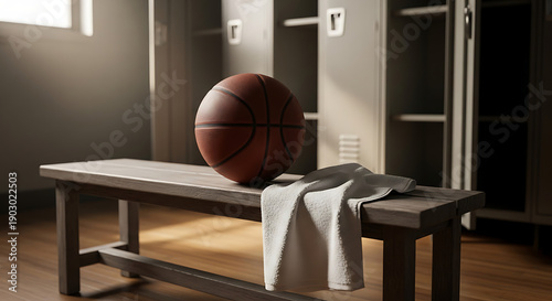 march madness, Basketball Resting On A Locker Room Bench With A Towel Ready For Practice