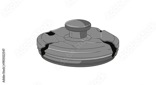 Illustration of a crushed lid with cracks, isolated on a white background, showcasing detailed texture and shadowing