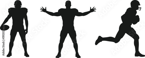 Silhouette of American football players in different action poses holding ball, celebrating and running on white background, sports competition and training concept.