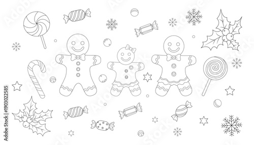 Black and white line illustration featuring cute gingerbread man and woman cookies, surrounded by Christmas candies, sweets, lollipops, candy canes, snowflakes, stars, and holly leaves.
