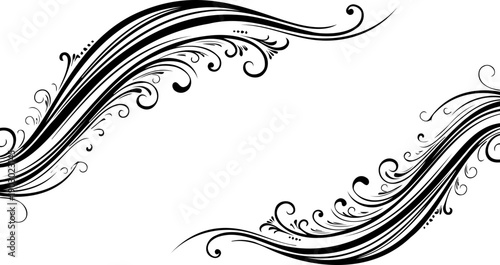 A beautiful black and white vector graphic of swirling floral design elements on a white background