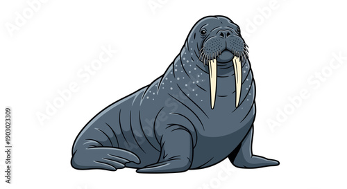 A detailed illustration of a walrus with prominent tusks sitting on a white background.