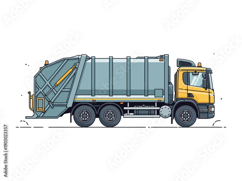 Yellow Garbage Truck with Gray Container.