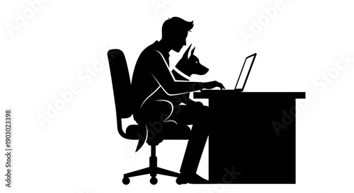 Silhouette of a person sitting at a desk with a dog on their lap, both looking at a laptop screen.