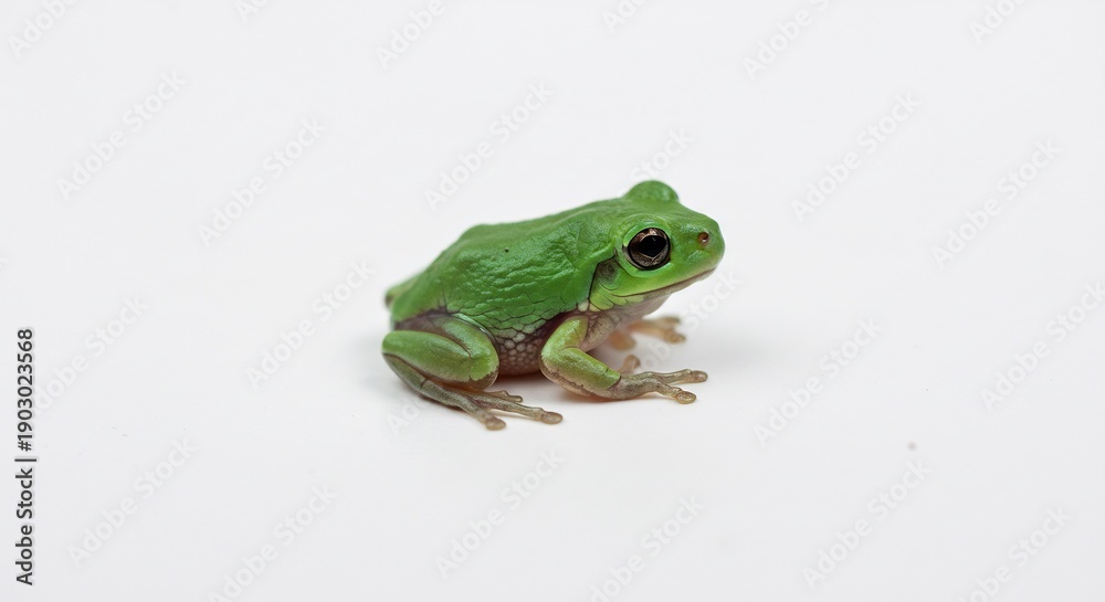 Obraz premium A tiny vibrant green frog sits alertly on a clean white surface under bright even studio light. AI Generated