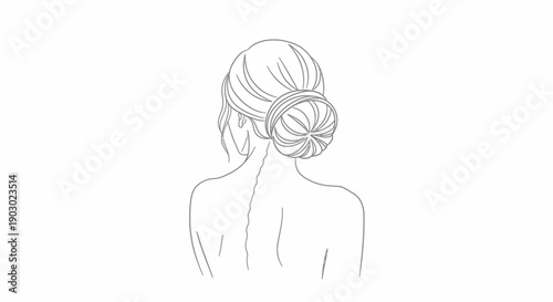 A minimalist line drawing of a woman's back with her hair styled in an elegant updo bun.