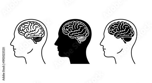 Three stylized profiles of human heads showing the brain, with one head filled in black.