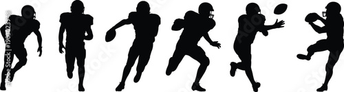 Silhouette of American football players running, throwing and catching ball on white background, sports action set concept for training, teamwork, competition and championship.