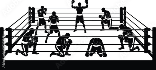 Boxing ring silhouette scene with fighters training, resting and celebrating victory, combat sports illustration, strength and endurance concept in minimalist black vector style