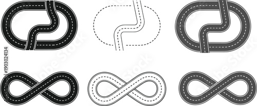 Loop road and infinity path icon set in outline and solid styles, abstract highway route symbols for navigation, transport, logistics, and design use