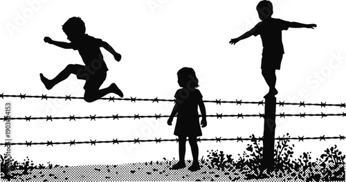 Children silhouette, barbed wire fence, jumping action, freedom theme, risky play, dynamic pose, black and white, vector art, childhood motion, expressive movement, outdoor scene