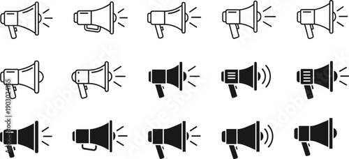 Megaphone loudspeaker icon set in outline and solid styles isolated on white background for announcement, marketing, communication design use
