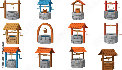 Collection of colorful cartoon water wells with wooden roofs stone masonry buckets and ropes isolated illustration set for rural village design