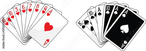 Playing cards hand illustration with hearts and spades poker combinations isolated on white background for casino gambling, card games, and betting design concepts