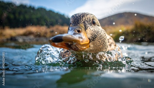 Duck's Eye View a Curious Mallard Swimming in Water Close Up Perspective in Nature.