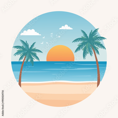 Tropical beach sunset illustration in a circular frame with palm trees, calm blue sea, and a bright orange sun on a white background.