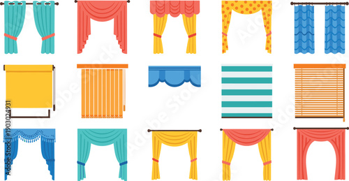 Colorful curtain and blind collection with modern drapery styles for home interior decoration vector illustration isolated design elements