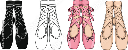 Ballet pointe shoes illustration set showing classic dance footwear in black, white, pink, and nude colors, isolated vector icons for ballet design