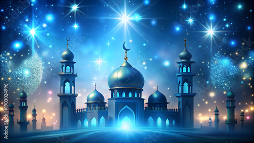 Serene mosque with glowing domes and minarets under starry night sky