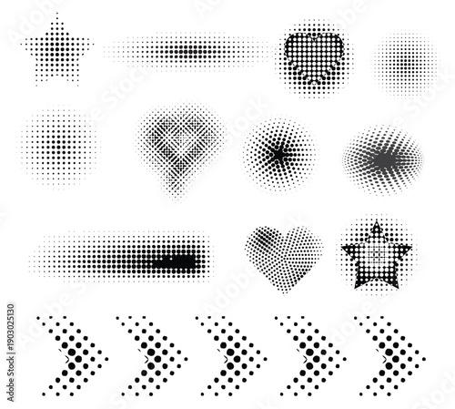 Abstract Halftone Gradient Shapes and Directional Arrow Patterns – Modern Dotted Geometric Design Elements Set