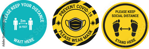 COVID-19 safety sticker set with social distancing floor markers and wear mask warning badge circular vector signs isolated on white background