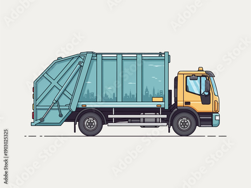 Garbage Truck with Open Container Side View.