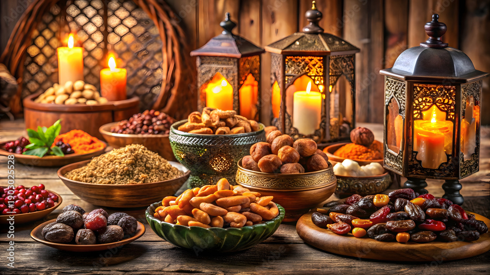 Naklejka premium Cozy evening with traditional Middle Eastern sweets and lanterns