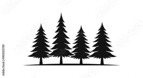 A silhouette of four evergreen pine trees standing tall against a white background.