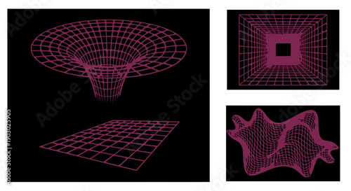 Three abstract 3D wireframe visualizations of warped grids and geometric shapes against a black background.