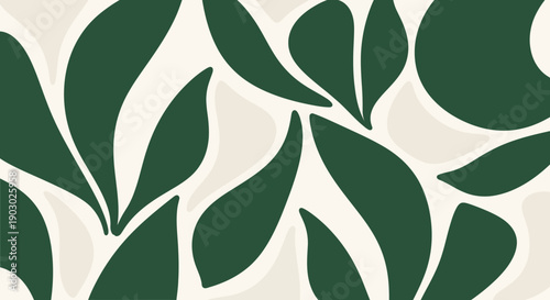 Abstract pattern of dark green leaves on a light beige background, evoking a natural and organic feel.