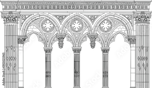 Gothic cathedral arcade with pointed arches and ornate columns featuring detailed medieval architectural line art vector illustration isolated