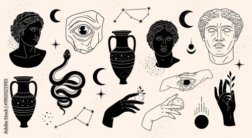 A collection of mystical and ancient symbols including busts, amphorae, a snake, celestial bodies, and hands with mystical elements.