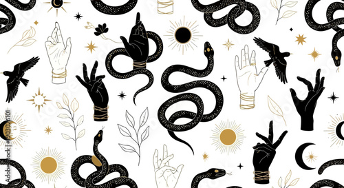 Mystical seamless pattern featuring black snakes, occult hands, celestial bodies, and botanical elements on a white background.