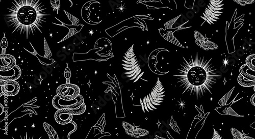 A mystical black background adorned with white line art of celestial bodies, mystical symbols, and nature elements.