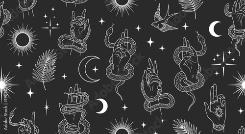 Mystical seamless pattern featuring celestial bodies, snakes entwined around hands, and botanical elements on a dark background.