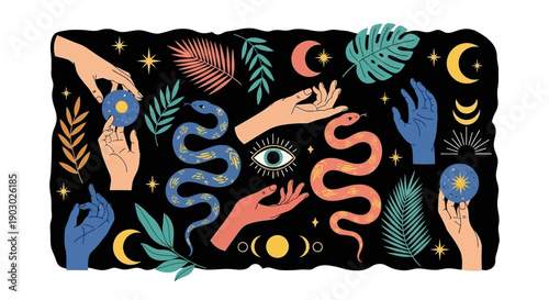 Mystical illustration featuring hands, snakes, celestial bodies, and tropical leaves on a black background.