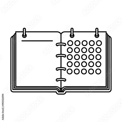 A simple black and white line drawing of an open planner or calendar with a blank page and a grid of circles.