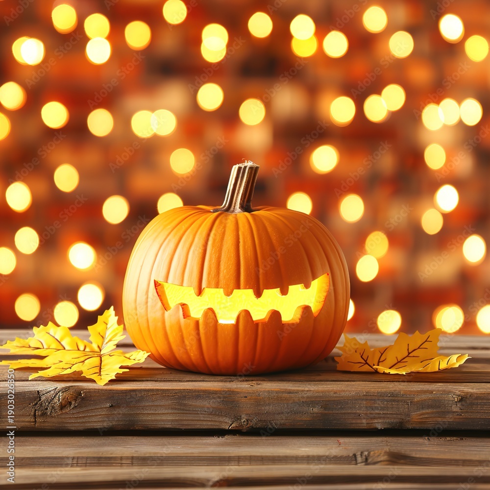 Fototapeta premium Halloween Pumpkin with Smiling Face and Autumn Leaves